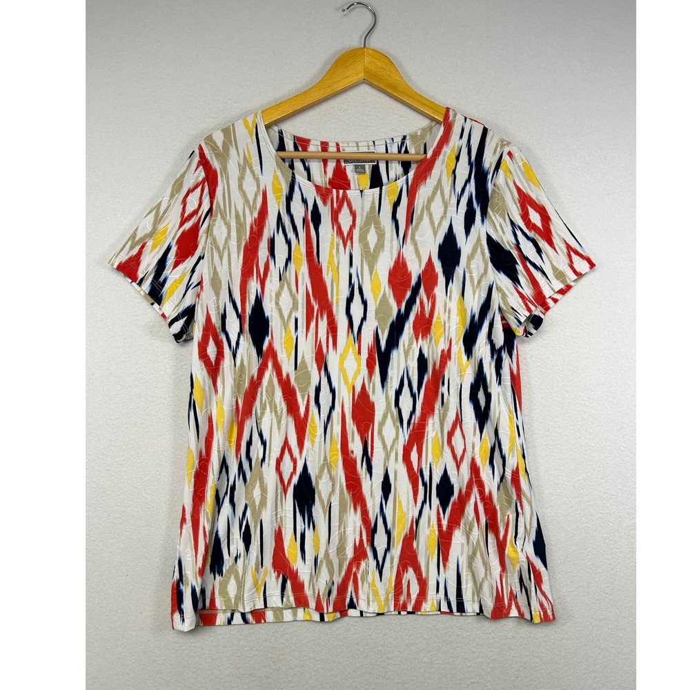 Eclectic Ikat JM Collection Women Lg Multicolor Diamond Print Short Sleeve Top